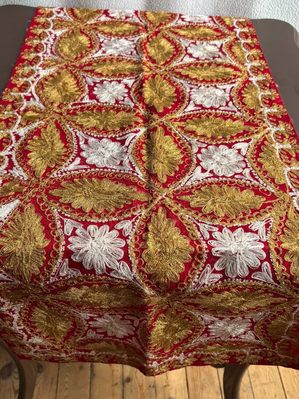 Vintage Aghabani Syrian Red Gold Embroidered Table Runner